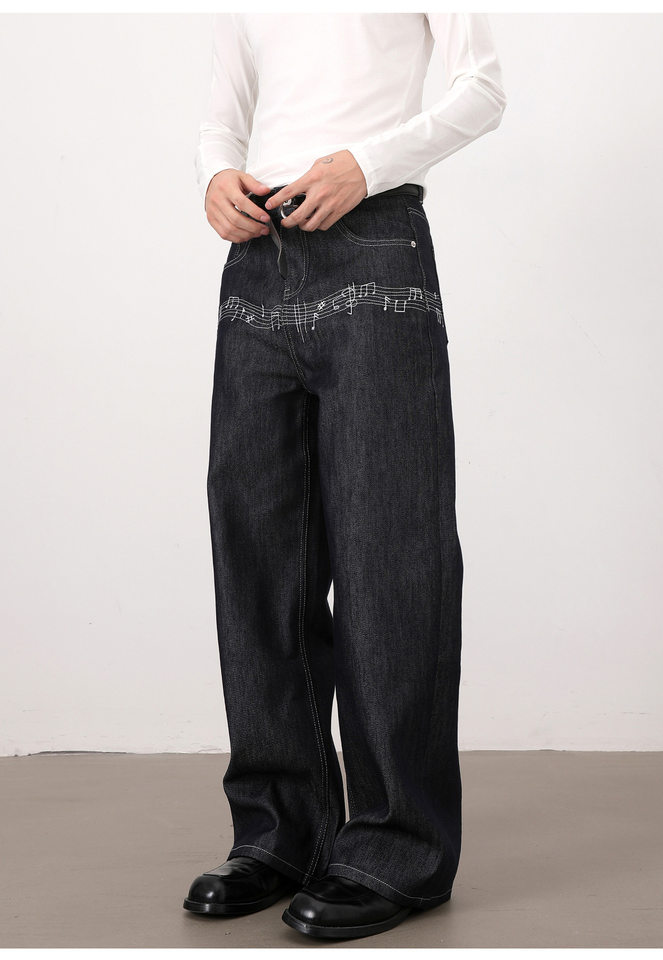 Quần jeans nam màu nguyên bản thêu họa tiết nốt nhạc phong cách retro, dáng cleanfit ống rộng suông chữ A — Xanh nguyên bản chi tiết 16