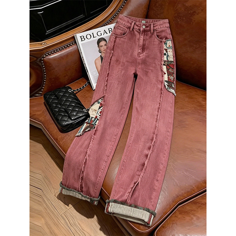 American-style sweet and cool Y2K pink jeans for women, summer high-waisted loose straight pants, vintage distressed patchwork casual long pants American-style sweet and cool Y2K pink jeans for women, summer high-waisted loose straight pants, vintage distressed patchwork casual long pants