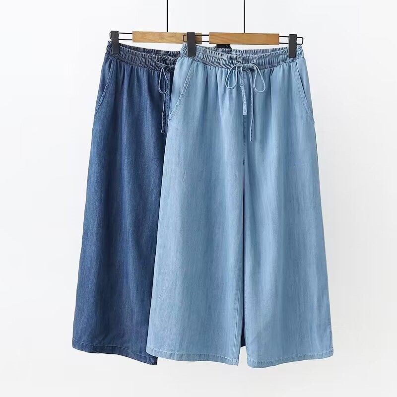 Bamboo Pattern Straight-Leg Cropped Pants Tencel Denim Drawstring Wide-Leg Pants Women's Thin Style 2026 Summer New Model