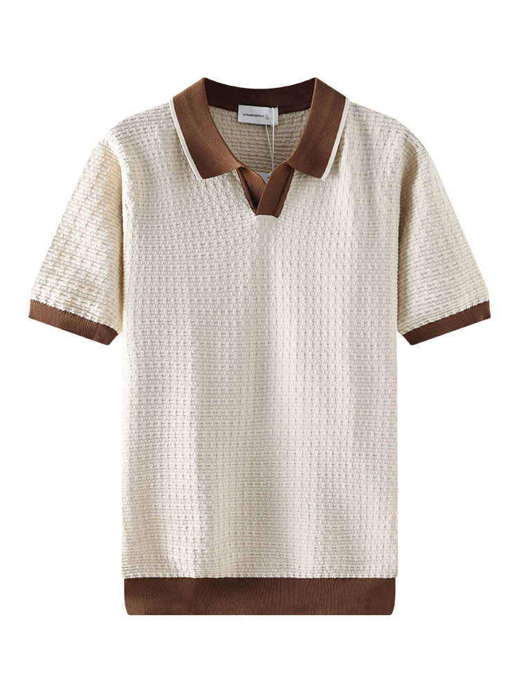 Hombres de alto nivel de seda de hielo gaviota cuello polo camiseta de manga corta hombre cuello en V contraste waffle jersey de negocios camiseta casual