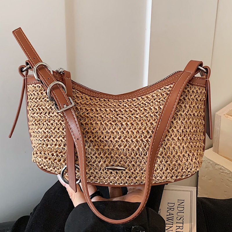 Rainbow Woven Bag for Women, 2026 New Summer Trendy Vacation Beach Shoulder Bag, Crossbody Straw Bucket Bag