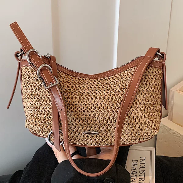 Rainbow Woven Bag for Women, 2026 New Summer Trendy Vacation Beach Shoulder Bag, Crossbody Straw Bucket Bag