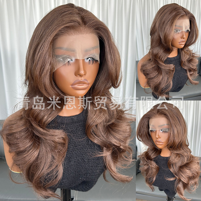 Xiyin European and American Style Wig, Chestnut Brown Long Curly Hair, 13*4 Japanese Silk Front Lace Synthetic Fiber Wig, Realistic Human Hair Wig Xiyin European and American Style Wig, Chestnut Brown Long Curly Hair, 13*4 Japanese Silk Front Lace Synthetic Fiber Wig, Realistic Human Hair Wig