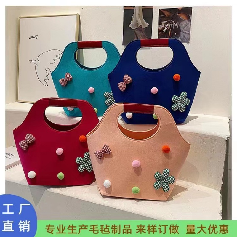 克莱因蓝手提包 网红托特包糖果色蝴蝶结化妆包 大容量毛毡水桶包