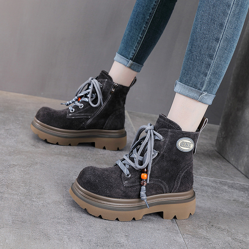 真皮复古马丁靴女秋冬新款头层牛皮厚底休闲短靴骑士靴增高帮鞋子