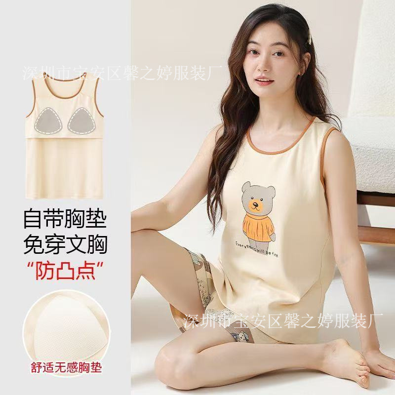 Summer Pajamas for Women, Factory Direct Sales, Sleeveless Vest Shorts, Cartoon Wearable, with Chest Pads, Anti-Bump, Large Size for Girls