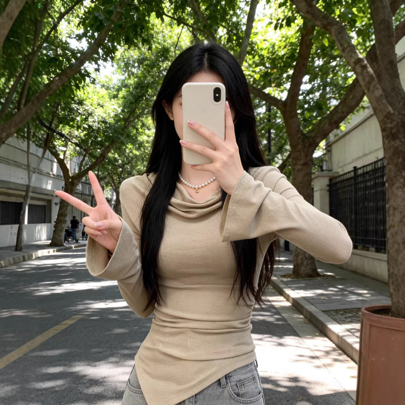 Long-Sleeved T-Shirt for Women in Autumn and Winter Korean Style Slim Sexy Asymmetrical Pure Lust Sexy Design Inner Top Bottoming Shirt Long-Sleeved T-Shirt for Women in Autumn and Winter Korean Style Slim Sexy Asymmetrical Pure Lust Sexy Design Inner Top Bottoming Shirt