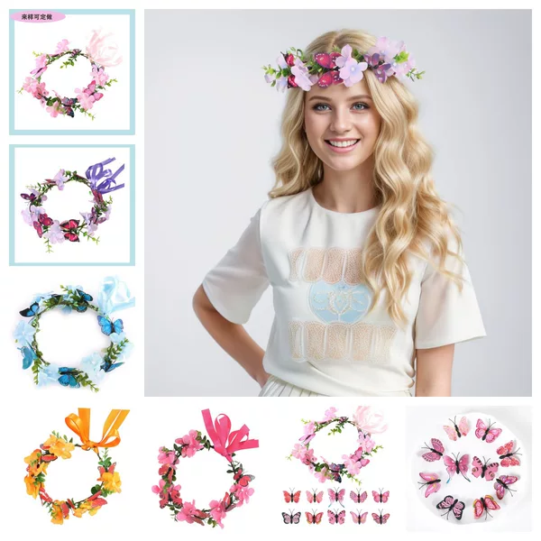 European and American Cross-border Butterfly Wreath Bohemian Fairy Flower Headwear Wedding Bride Bridesmaid Flower Hair Accessories Children's Hairpin