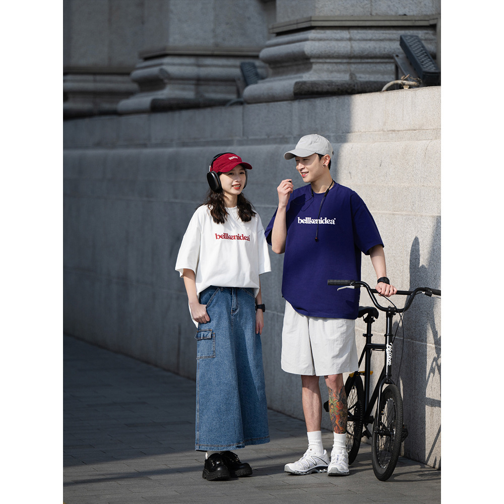 BEKEN早起き純綿300g重ポンドシンプルプリント半袖tシャツ男女ゆったり形上着ファッション