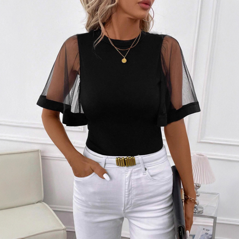 Cross-Border European and American Clothing, Fashionable Outing Mesh Bell Sleeves Spliced Round Neck Women's Tops, Casual Summer T-Shirts