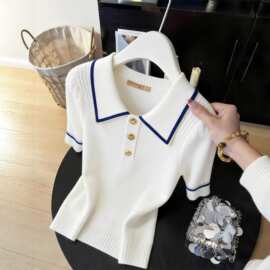 2026 春夏外贸女装白色 Polo 领短袖 T 恤小众设计感针织上衣批发