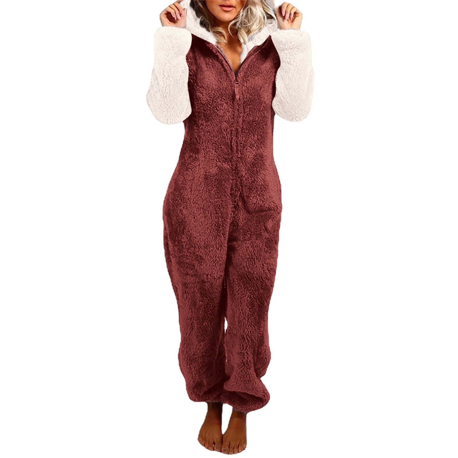 2022 europeo y americano Amazon otoño e invierno nuevo Mono de mujer color sólido con capucha SLIM-Fit mono de felpa de manga larga