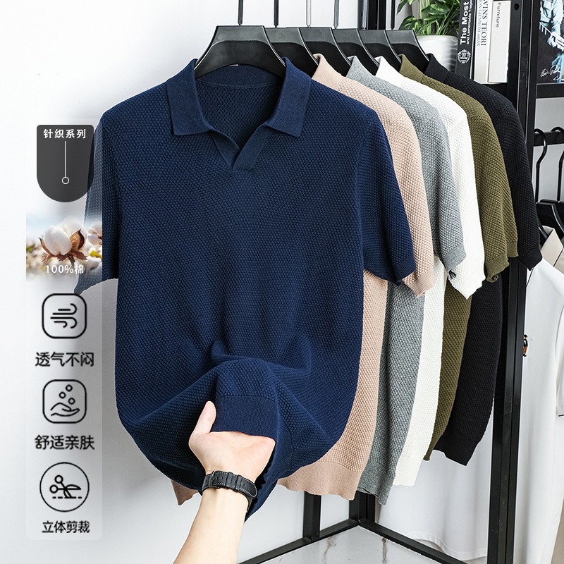 Algodón transfronterizo camiseta polo de manga corta hombre camiseta de punto de cuello en V casual base universal camiseta de hombre de manga corta T-shirt