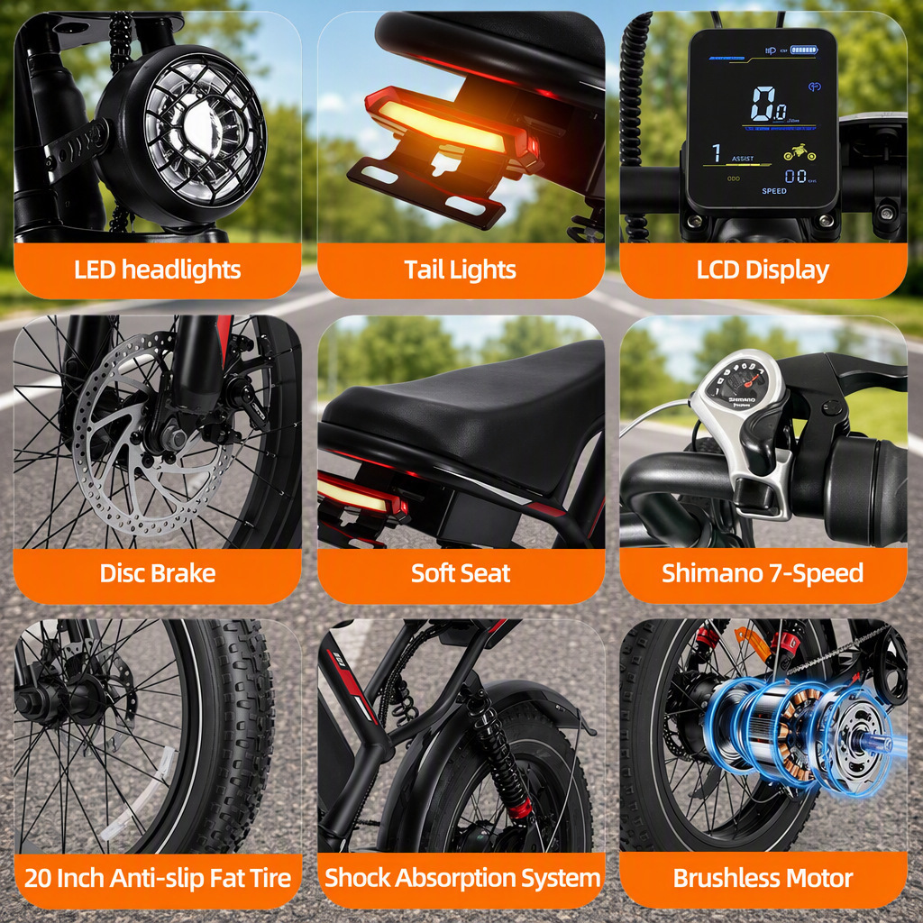 20inch Wide-Tire Electric Bicycle with Power Assist, 1000W, Motorcycle-Like Riding Experience, Dropshipping from European and American Overseas Warehouses