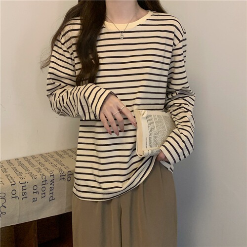 Women's Round Neck Long Sleeve T-Shirt 2025 Autumn Wear Loose Slimming Matchable Striped Base Shirt Casual Inner Layer Top