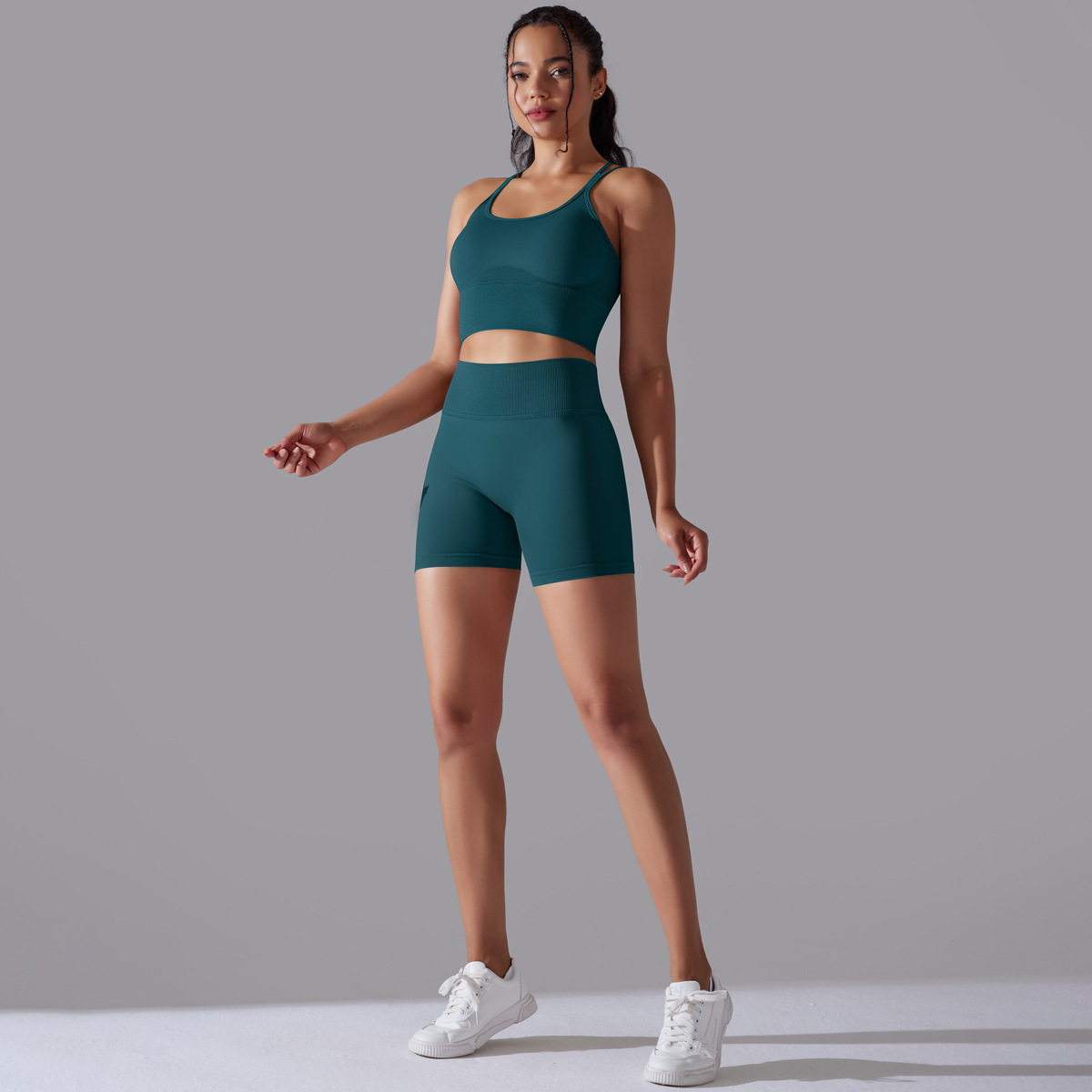 Transfronteriza europea y americana sin costuras de punto de color sólido belleza espalda alta elástica deportes apretados ropa de yoga traje de correr fitness traje de dos piezas