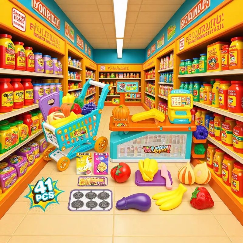 Transfronterizos niños mini hamburguesas barbacoa galletas de frutas supermercado escaneo caja registradora casera juguetes carrito de compras