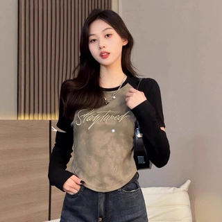 大码设计感别致撞色上衣女秋冬季减龄显瘦字母绣花长袖t恤打底衫