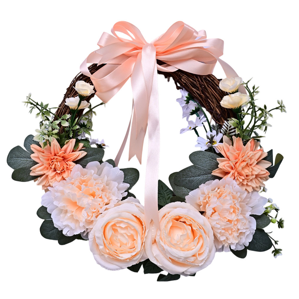 Al por mayor transfronterizo de flores de peonía coronas de flores de hojas verdes de color rosa colgando la puerta colgando la decoración de la casa de vacaciones coronas de flores accesorios colgando la pared