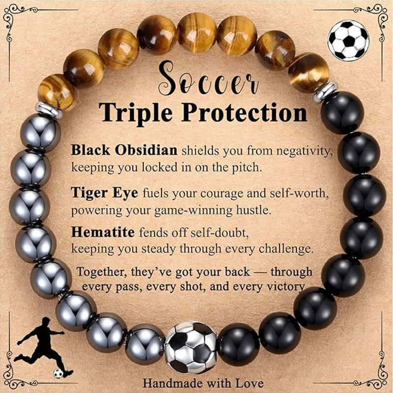 Cross-Border European and American Men's Sports Football and Basketball Bracelet with Triple Protection Obsidian and Tiger Eye Stone, Fan Sports Gift