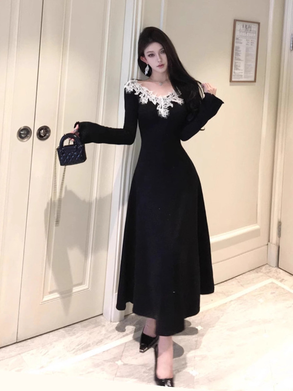 法式小香赫本风黑色v领连衣裙子女早秋装2025新款高级感内搭长裙|undefined