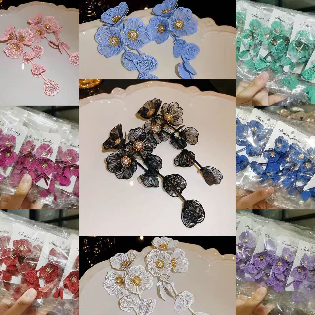多巴胺高级感粉色镂空花朵镶钻流苏耳环夸张喷漆耳饰新娘配饰跨境