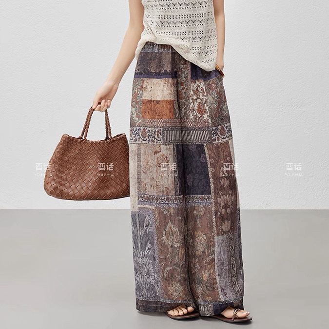 Pantalones de pijama de seda de algodón Pantalones de pierna ancha de seda de algodón fino para mujer