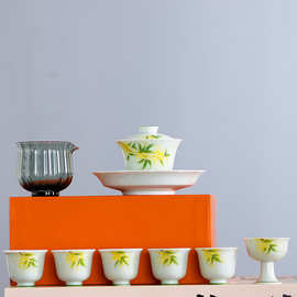 手绘桂花茶具整套组 新款功夫高端茶具盖碗茶杯礼盒 家用精致礼品