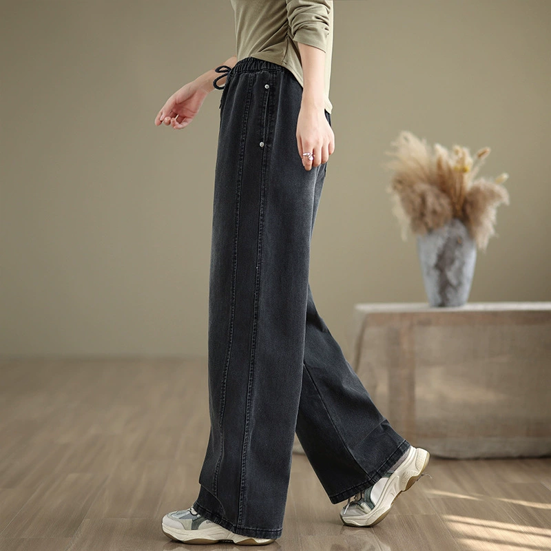 Demi-season loose straight jeans, trousers, for plus size ladies, elastic waist