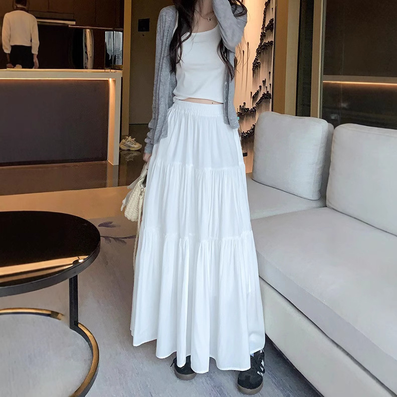Temperament Pleated Solid Color Skirt for Women Spring and Summer New Korean Style Holiday Cake Skirt Tea Style Long Skirt