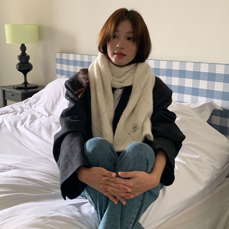 韩国菱形格子围巾女秋冬甜美纯色百搭学生优雅围脖保暖情侣披肩女|undefined