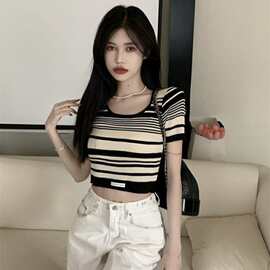 复古条纹针织短袖t恤女露脐bm辣妹短款设计感高腰上衣修身显瘦夏
