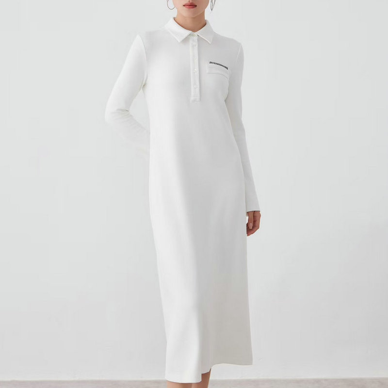 24 Fall/Winter Nanyu BC Style Acetic Acid Wool Blended Long Sleeve dress Heavy Industry Beaded Simple Temperament Midi Dress