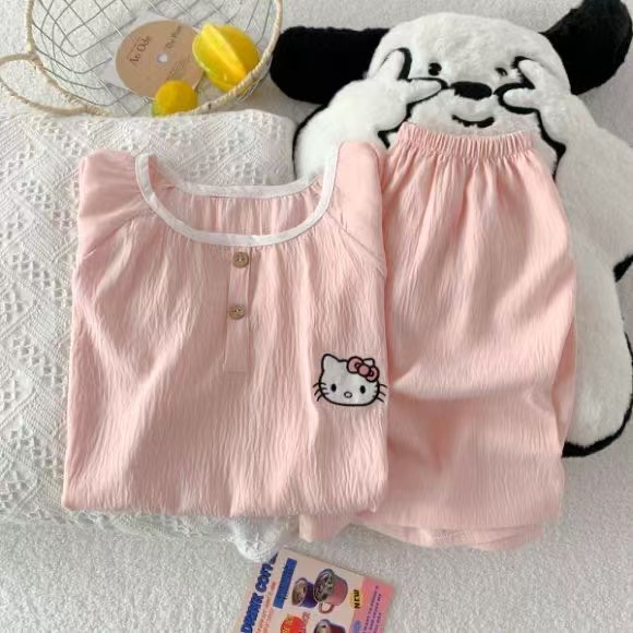 Venta al por mayor transfronteriza de nuevos pijamas de algodón de nube para mujer pantalones cortos de manga corta de verano con cuello redondo bordado dulce y simple servicio a domicilio