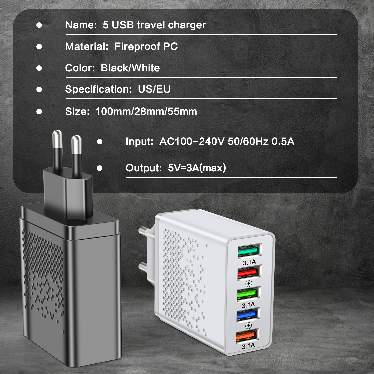 5U зарядное устройство для мобильного телефона 5V3.1A, зарядка в путешествии, 5USB, европейские правила и американский стандарт, 5-сторонние аксессуары, продажа оптом