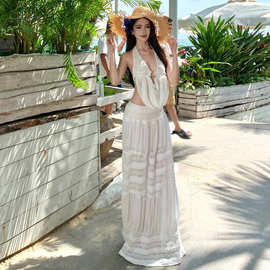 设计高级感V领绑带露背背心+网纱微透半身裙长裙套装女度假两件套