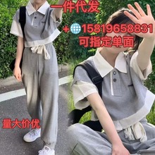 夏季翻领拼色条纹休闲运动服套装女气质撞色学生潮短袖长裤两件套