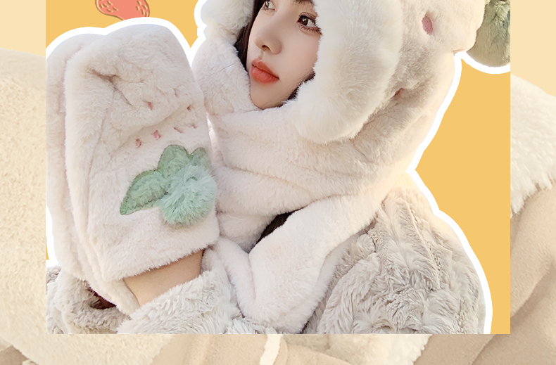 Cappello di Natale per bambini, dolce e carino, sciarpa e guanto di peluche alla fragola, in un unico pezzo, peluche invernale, addensamento caldo tre_voghion.com