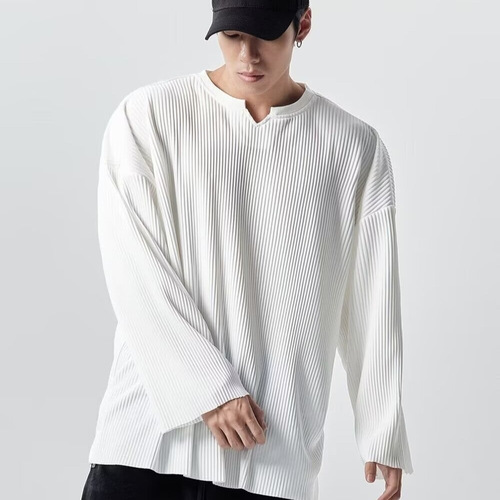 BIZHENG/ High-End V-Neck Puff Sleeve Flowy Crew Neck Silk Long-Sleeve T-Shirt for Men Loose Men's Top Spring and Autumn Clothing