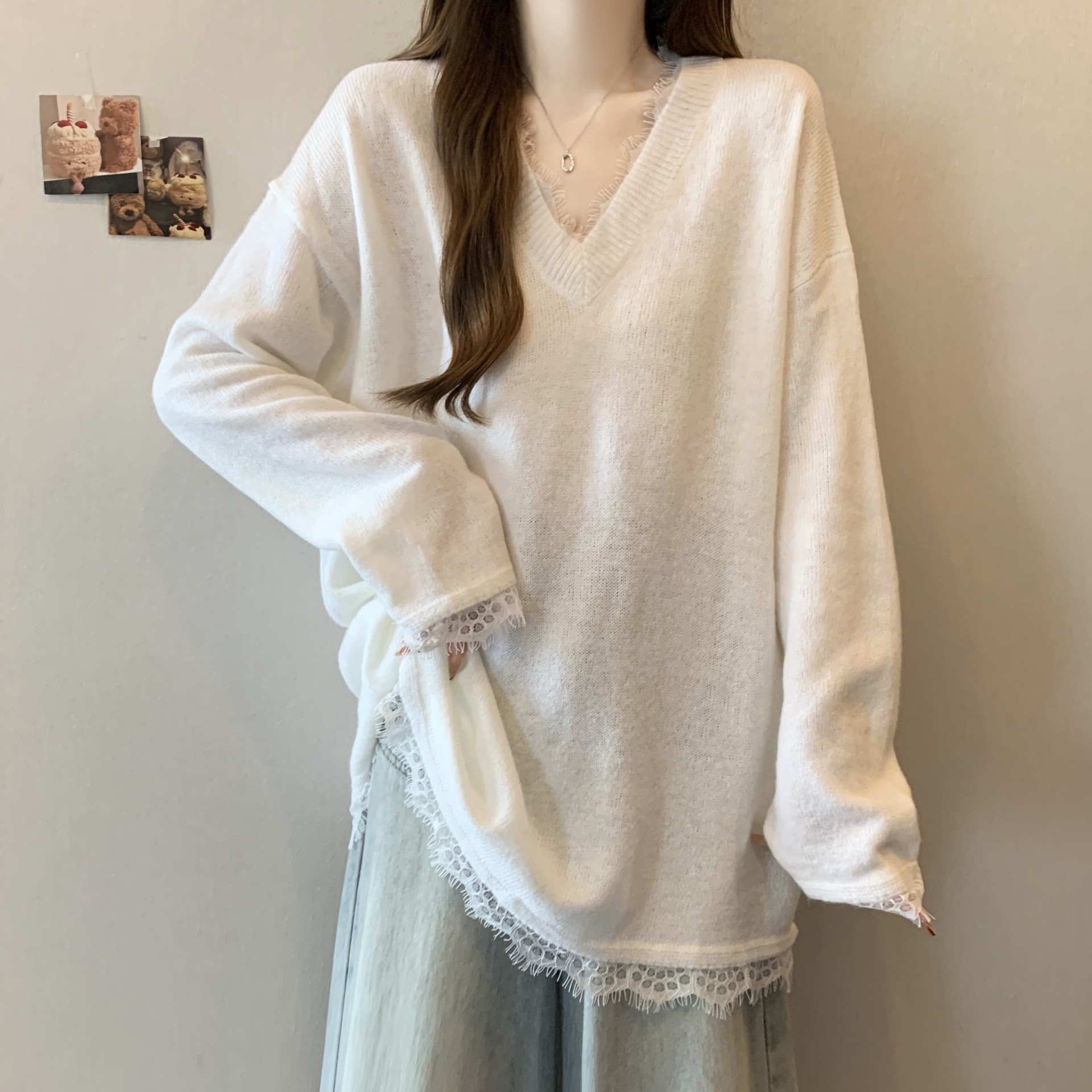 진짜 샷 플러스 사이즈 통통녀 간단한 솔리드 컬러 레이스 V-NECK 느슨한 육체 커버 슬림 스웨터 니트 스웨터 여성용