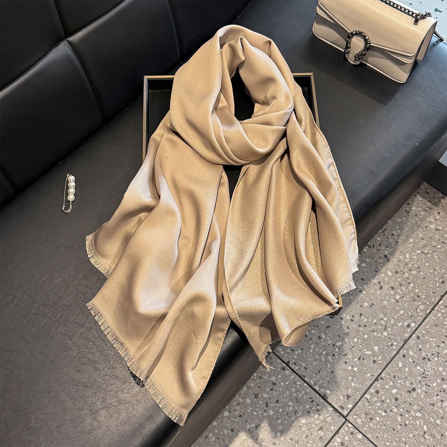 Women's Silk Scarf With Gold Thread Solid Colour Long Beach Wrap_voghion.com
