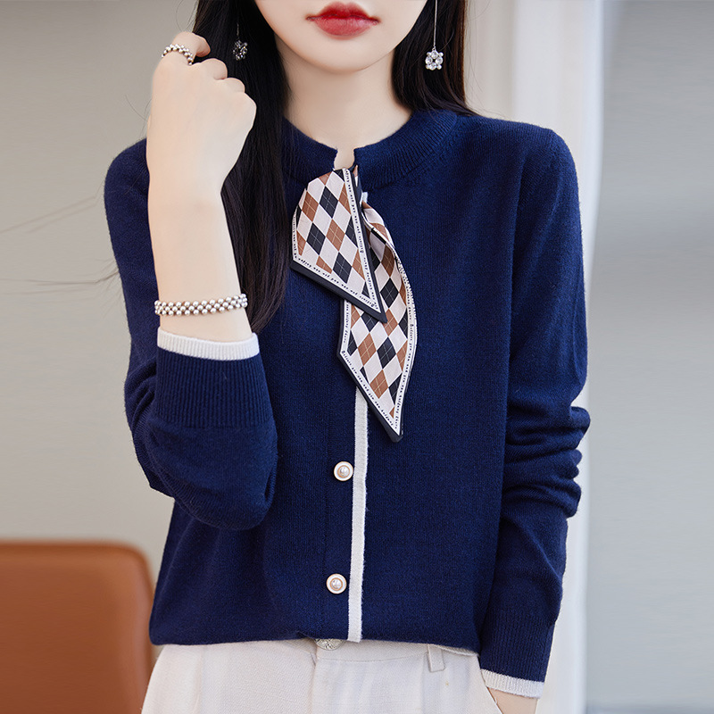 Autumn And Winter Wool Sweater Ribbon Round Neck Fashionable Women's Knitted Sweater Bottoming Top Western Style Sweater Women