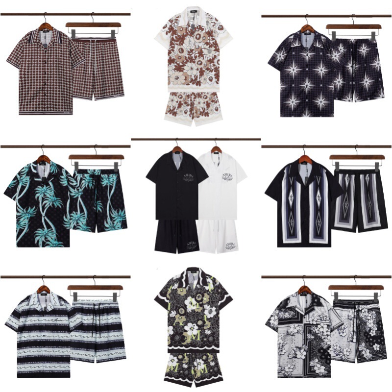 Cross-Border Men's Shirts, Summer Trendy Brand Amiri Printed Shirts, New Cardigan Short-Sleeved Two-Piece Set