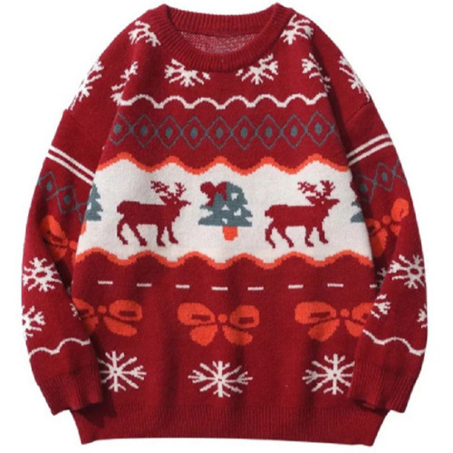 Red Round Neck Sweater for Women, Christmas Deer Design, Autumn/Winter Trendy Brand, Retro Loose and Lazy Style, Couple Knit Top