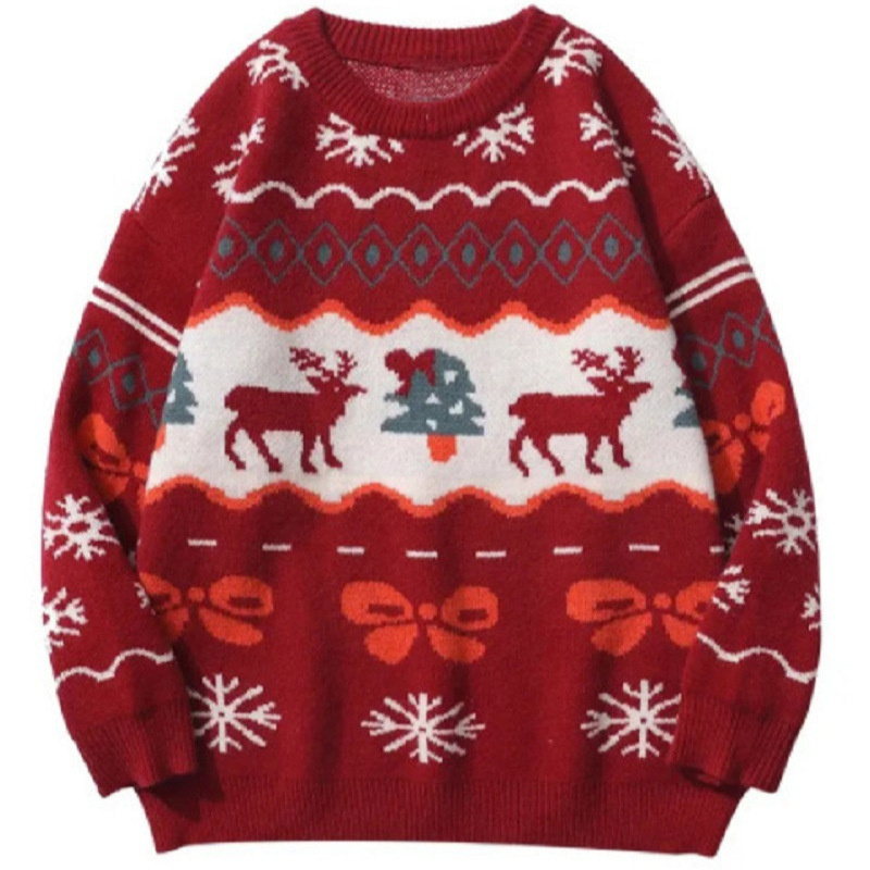 Christmas Deer Red Round Neck Knitwear Women's Autumn and Winter Trendy Brand Retro Loose Lazy Style Couple Knitwear Top