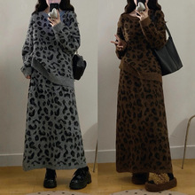 跨境复古撞色豹纹毛衣半身裙套装女秋冬大码慵懒风显瘦针织两件套