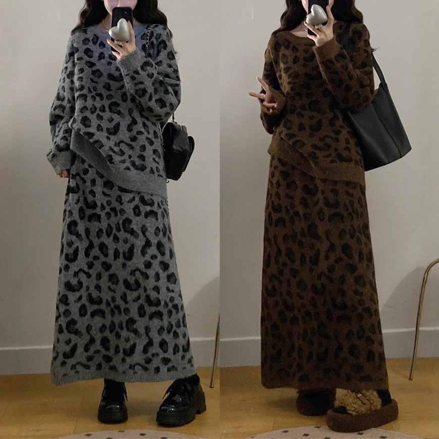 跨境复古撞色豹纹毛衣半身裙套装女秋冬大码慵懒风显瘦针织两件套