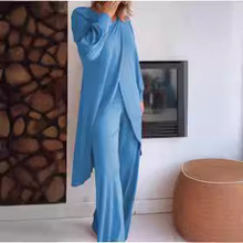 欧美跨境女装长袖阔腿裤套装不规则时尚宽松休闲交叉大码两件套装