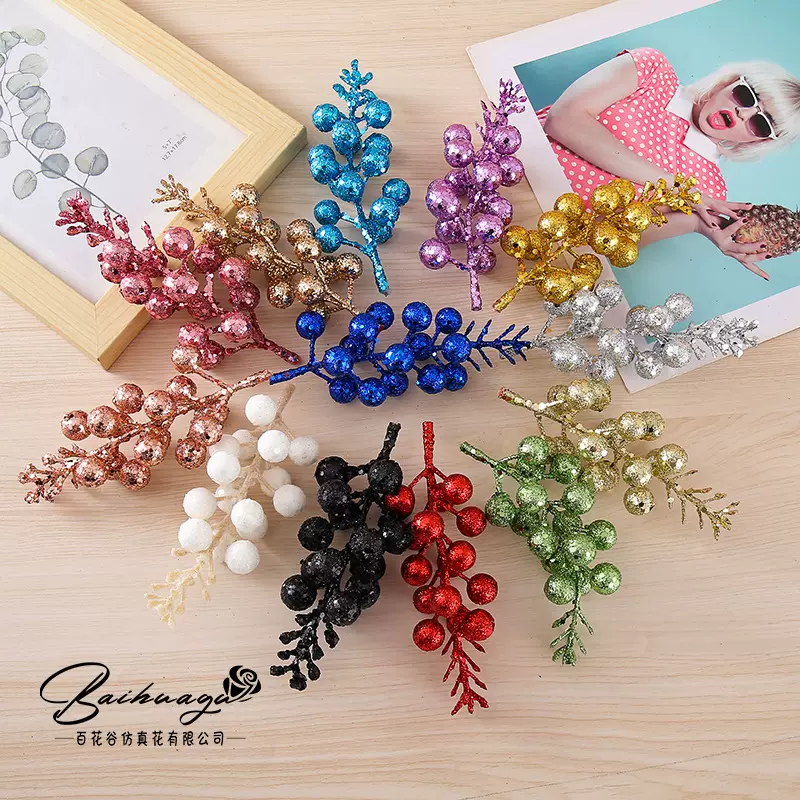 圣诞装饰果子花环藤条配件15头金粉亮片仿真樱桃浆果现货批发手工