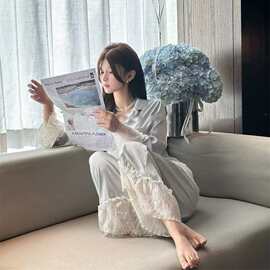 春秋季新款冰丝睡衣女轻奢蕾丝边重工长袖家居服套装可外穿